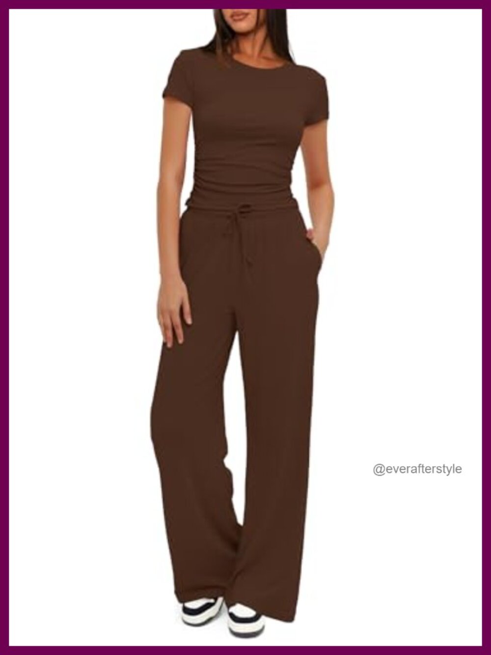 Women's 2 Piece Lounge Set Short Sleeve Ruched Top Wide Leg Pants Travel Outfit
